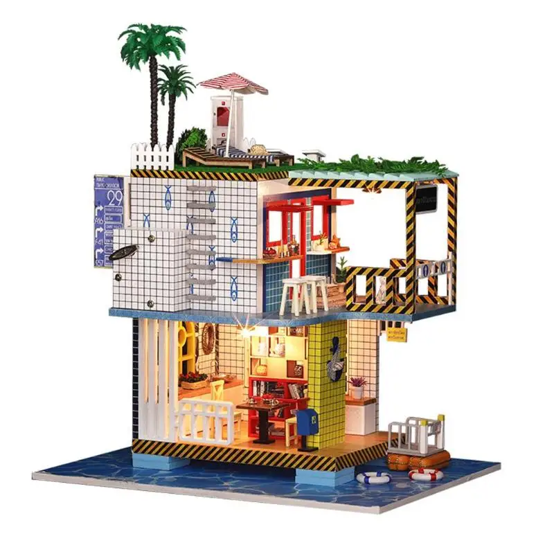 

Creative Holiday Villa Car Style Wooden Doll House Miniature DIY Dollhouse with Furnitures Doll Toys for Children Gifts