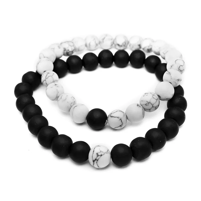 

2Pcs/Set Trendy Couples Bracelet Classic Natural Stone Beads White Black Beaded Bracelets For Men Women Hot Jewelry Dropshipping