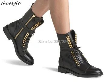

SHOOEGLE Women Motorcycle Boots Chains Lace Up Flats Leather Ankle Booties Round Toe Punk Shoes Fall Winter Shoes Women 2018