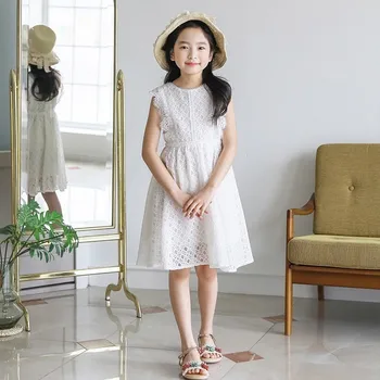 

Fashion 2019 White Lace Princess Dresses For Baby Big Girls Sleeveless Summer A Line Dress Kids Clothing Children Party Dresses