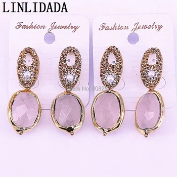 

4Pair New arrivals gold color Natural Pink Quartz Stone pave crystal rhinestone earrings High quality earrings gems jewelry