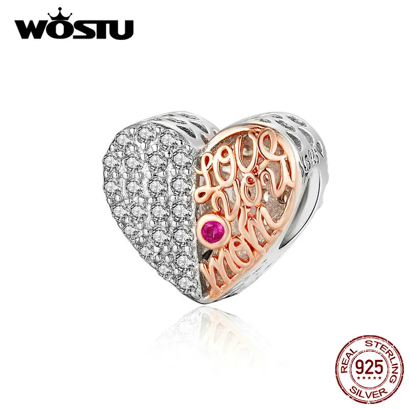 

WOSTU Love You Mom Heart Beads 925 Sterling Silver & Rose Gold Family Bead Fit Original Bracelet Charm Jewelry Making CQC1173
