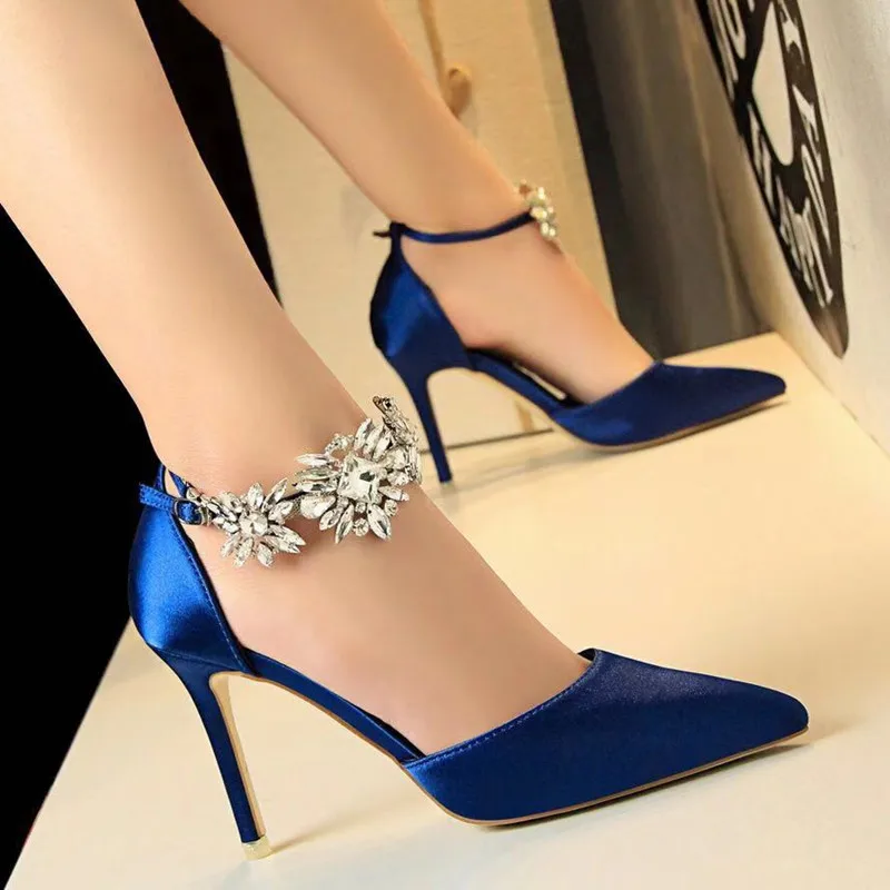 

Fashion women shoes pointed toe pumps suede leisure dress shoes high heels crystal wedding Pumps blue /black