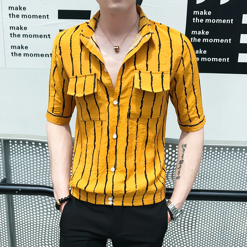 Goedkoop Casual Blouses 2019 Mannen Shirt Jurk Mode Streep Afdrukken Turn Down Kraag Voorvak Ontwerp Shirt Mannen Slim Fit Mannen kleding