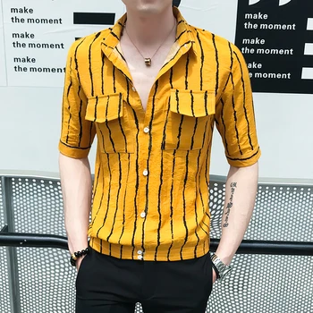 

Casual Blouses 2019 Men Shirt Dress Fashion Stripe Printing Turn Down Collar Front Pocket Design Shirt Men Slim Fit Men Clothes