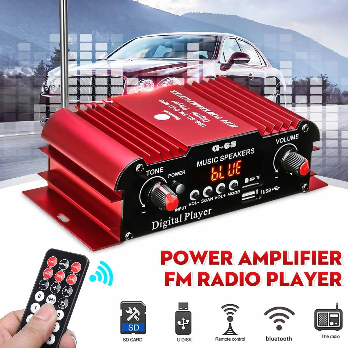 

12V Mini HIFI Digital Car Audio Power Amplifier 2 Channel Wireless bluetooth Stereo FM Radio Car Amplifiers with Remote Control