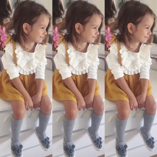 

2019 Toddler 2Pcs Set Baby Girls Long Sleeves Ruffle Tops Suspender Overall Skirt Dress Outfits Children Casual Clothes