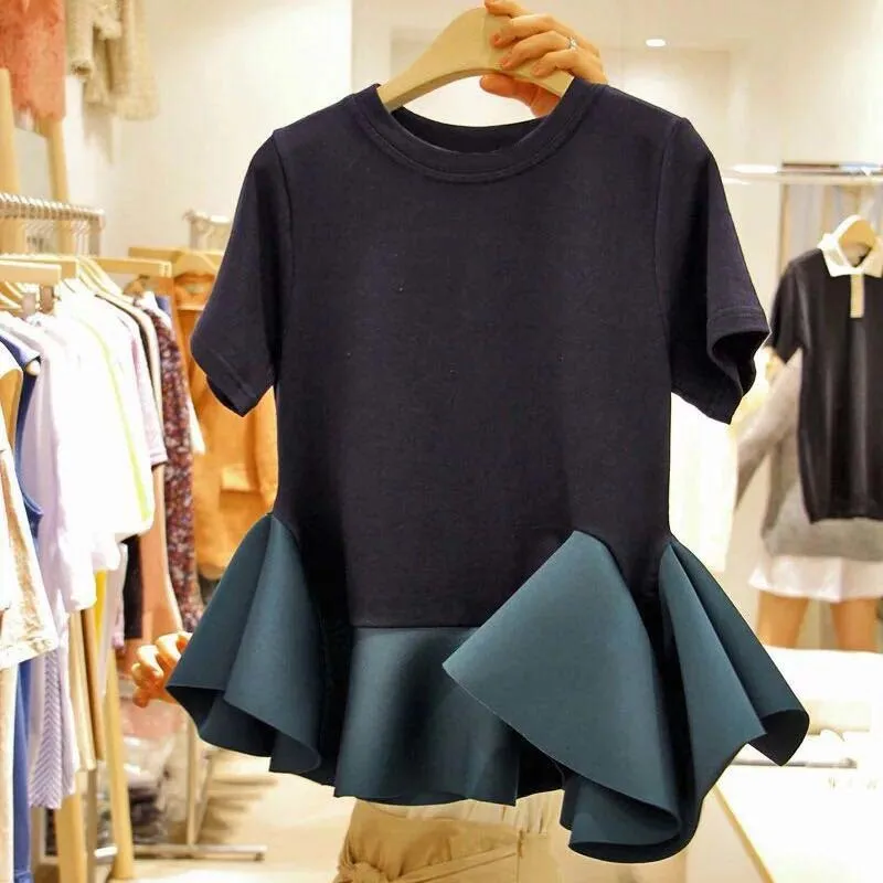 

[EWQ] 2020 Spring Summer Round Collar Short Sleeve Hit Colors Patchwork Ruffles Pullovers Casual T-shirt Women AE64501