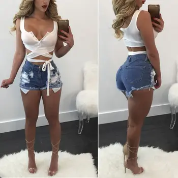 

Women Summer High Waisted Blue Denim Jeans Shorts Hole Frayed Hems Pockets Hotpants