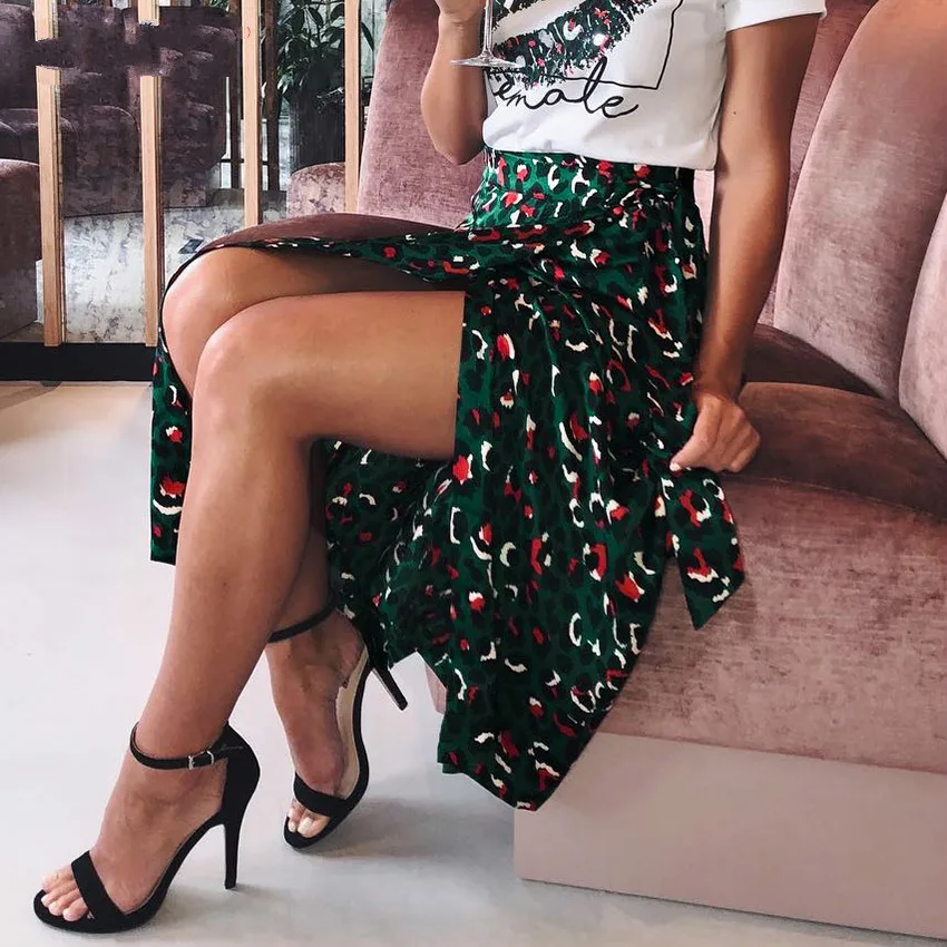 

2019 Fashion New Women Sexy Split Wrap Skirt Leopard Floral Printed Casual High Waist Long Beach Skirts
