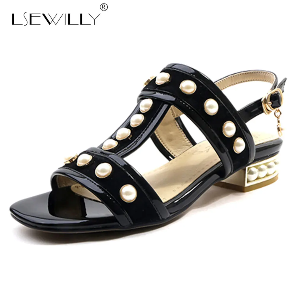 

Lsewilly Summer Beach Fish Mouth Shoes Pearl Sandals Non-slip Roman Thick Heel Women flip flop Casual Slippers Fashion E434