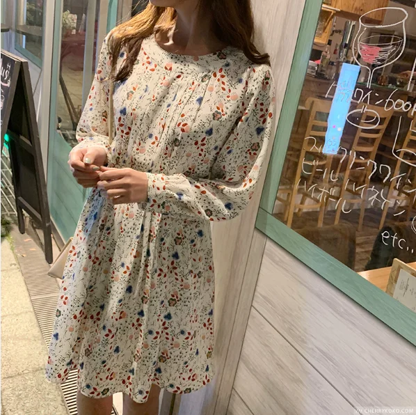

Print Floral Dress Women Chiffon Vestidos Elegant Spring Vestido Korean Mini Long Sleeve Pleated Robe Femme Ropa Mujer Dresses