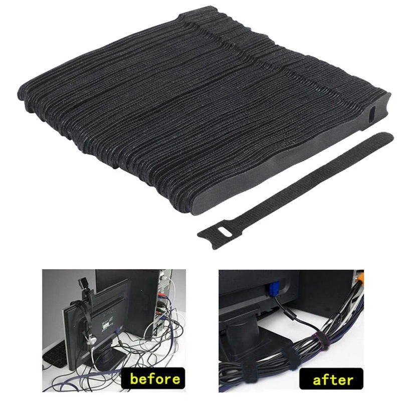 

50pcs/lot Black Nylon Cable Cord Tie Strap Hook and Loop Sticky Backed Tape Winder Wire Tidy Organizer Cord Protector