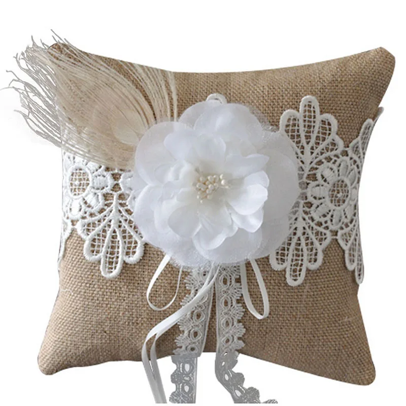 BUY 1* Ring Pillow New Lace Bowknow Flower Ring Bearer Pillows Wedding Props Linen Fabric
