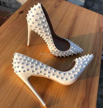 

Vinapobo Lady Pumps Brand Fashion White Rivets Designer Pointed Toe Woman Sexy Stiletto High Heels Party wedding Shoes Women