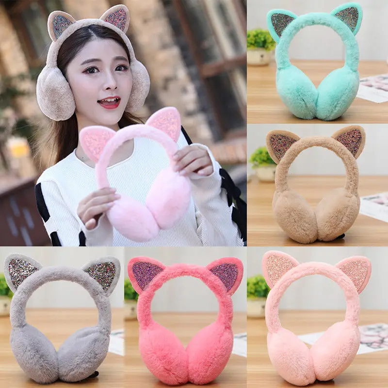 Winter New Ladies Girls Winter Plush Ear Pad Glitter Cat Earmuffs Headband Warmer Outdoor Cute Earmuff