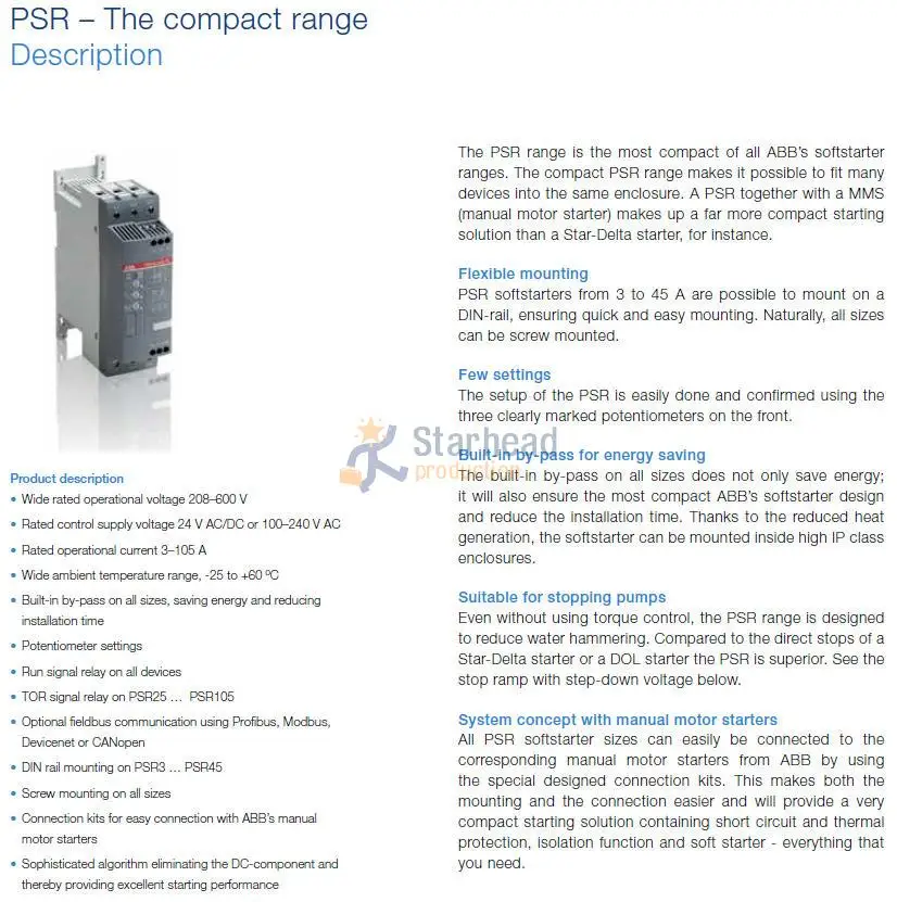 Мягкий стартер компактный PSR диапазон софтстартер PSR60-600-70 30 кВт 208-600 в DIN рейка монтаж 1SFA896112R7000