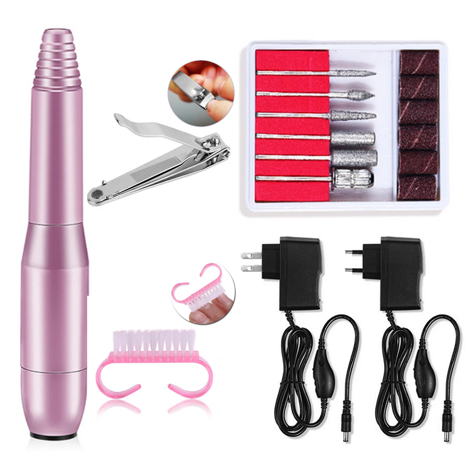 

Electric Nail Art Drill Machine Set Kit with Bits Nail Clipper Brush for Fingernails Toenails Salon Studio Home Rose Red