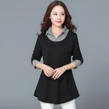 #2506 Long Sleeve T Shirts Women Striped Split Joint False Two Pieces Extented Elegant T-shirt Femme Korean Plus size XXXXXL drop shoulder striped t shirt with split