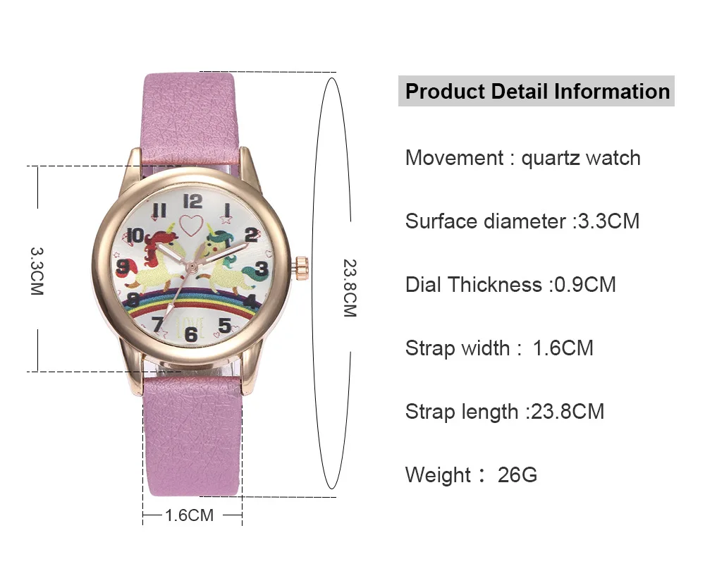 Children Watches Casual Leather Wristwatch Cartoon Student Rainbow Pony Love Digital Quartz Watch Child Dress Clock Xmas Gifts