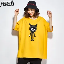 1637 длинный круглый вырез большой 3D мультфильм аппликации забавная футболка женская мода уличная черная желтая большой размер Свободная футболка Femme