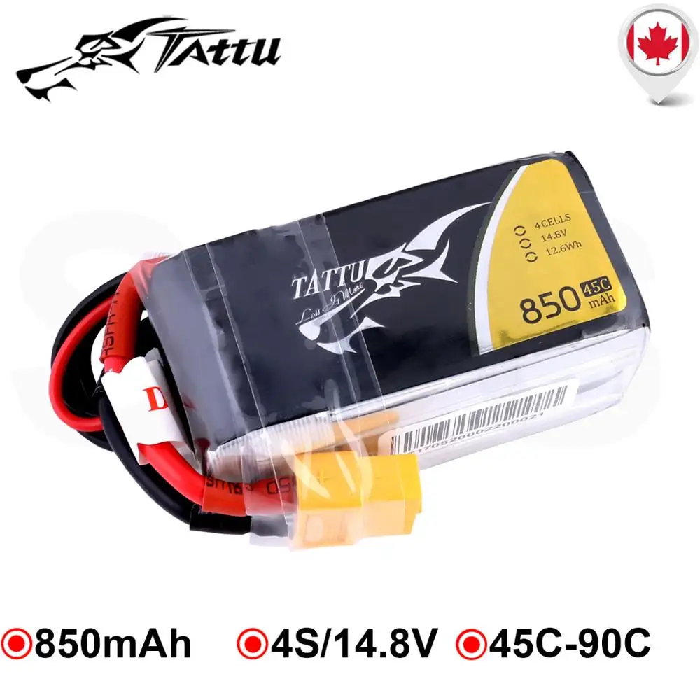 

TATTU 14.8V Lipo 4S 850mAh Battery 45C Max 90C with XT30 Plug RC Power for FPV Drone 150 Size Multirotor Quadcopter Frame