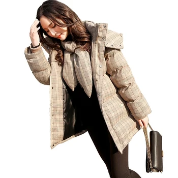 

Autumn Winter Coat Women Down Cotton Jacket New Plaid Stand Collar Padded Parkas With scarf Thicker Warm Female Outerwear PJ262