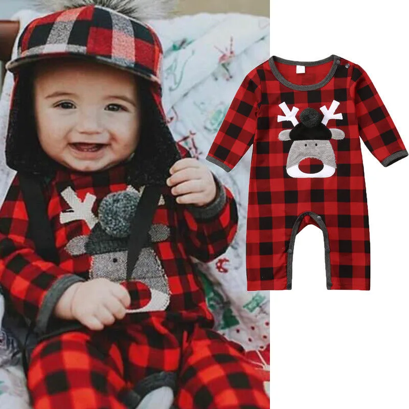 

Christmas Red Plaid Newborn Kids Baby Girls Boys Xmas Long Sleeve 3D Deer Plaids Romper Jumpsuit Outfits Set