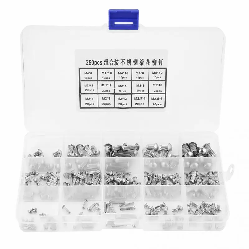 250Pcs/Set M2-M5 Rivet Stainless Round Head Steel Assortment Kit wood screw and nut Knurled Shank Solid Rivets Cheap Price