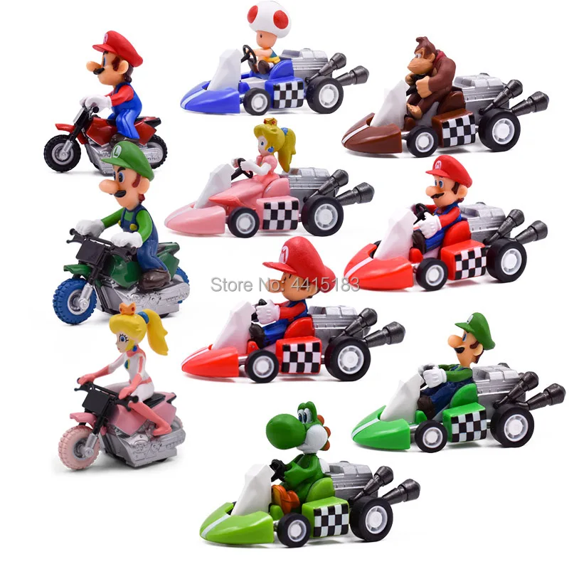 10 Styles/set Anime Figura Super Mario Bros Kart Pull Back Car Cute PVC Action Figure Doll Collectible Model Baby Toy For Kids 