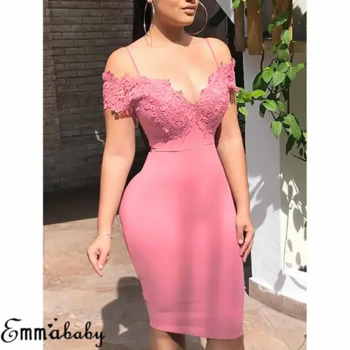 

Fashion Women's Ladies Lace Off Shoulder Sexy Dress Bodycon Evening Party Lace Mini Dresses Pink