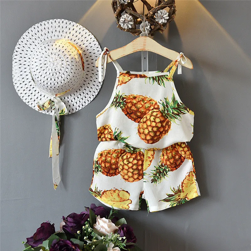 Kids Baby Girls Boho Summer Beach Clothes Sets Printed Sleeveless Strap Vest Tank Tops+Shorts+Hat 3Pcs Fashion Girl Outfits 1-6Y | Детская