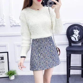 

autumn winter 2018 knit women suit nail bead thick sweater double-breasted tweed skirts 2 pcs clothing set vestido lady outfit