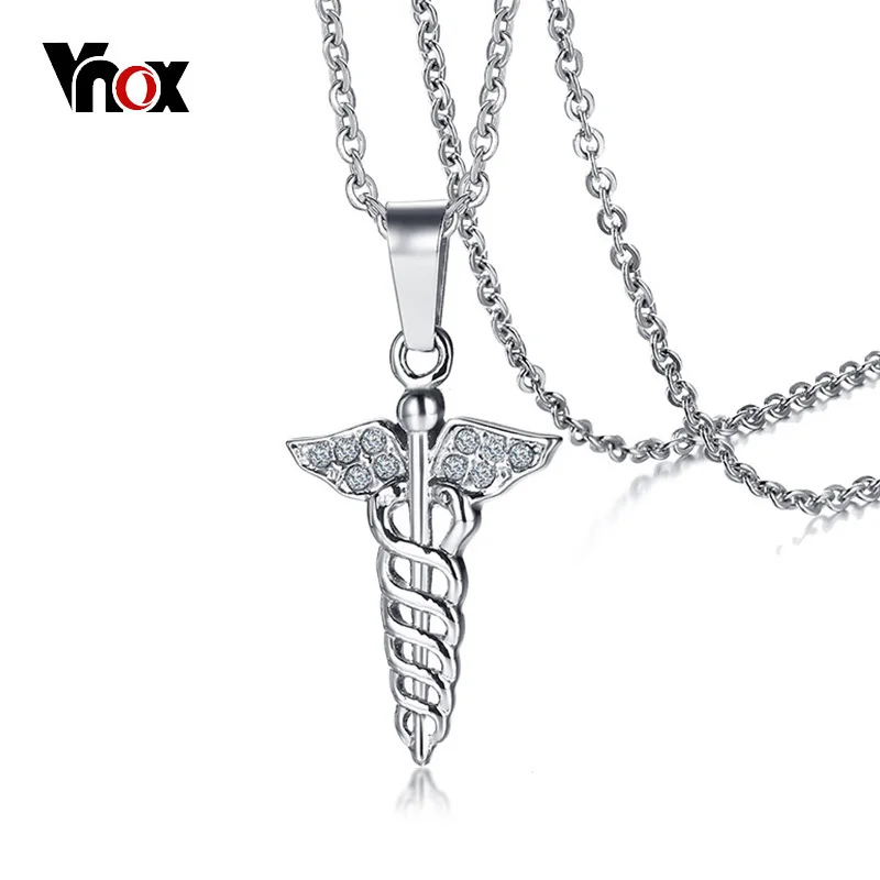 

Vnox AAA CZ Stones Caduceus Pendant for Women Necklace Stainless Steel Medical Symbol Female Casual Jewelry 20" Link Chain