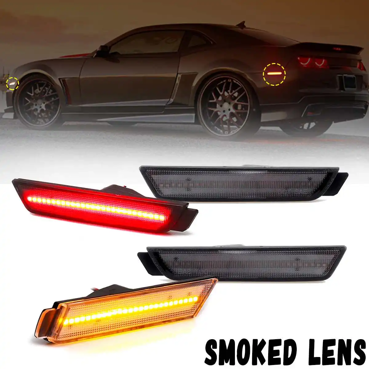 thumbnail image 2 of Dynamic Green LED Side Marker Lights For Chevy Camaro 2016-2023 - Smoked Lens Pack Of 4 2 of 10