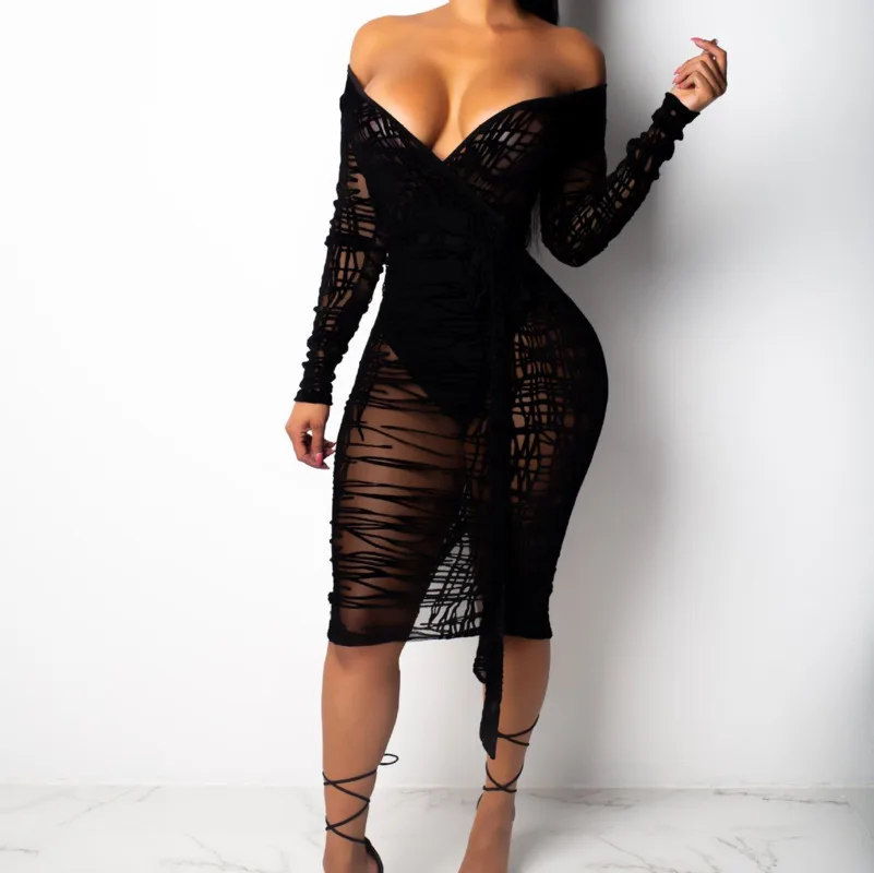 

MUXU fashion bodycon black lace dress vestido kleider women clothing sukienka long sleeve jurken sexy transparent big size S-4XL