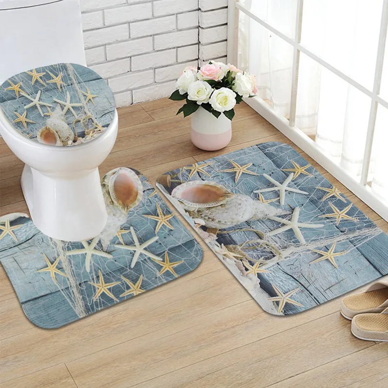 

1 Set 3 Pieces Bathroom Non-Slip Sandbeach Style Pedestal Rug+ Lid Toilet Cover + Bath Mat Living Room Bedroom Decoration Carpet