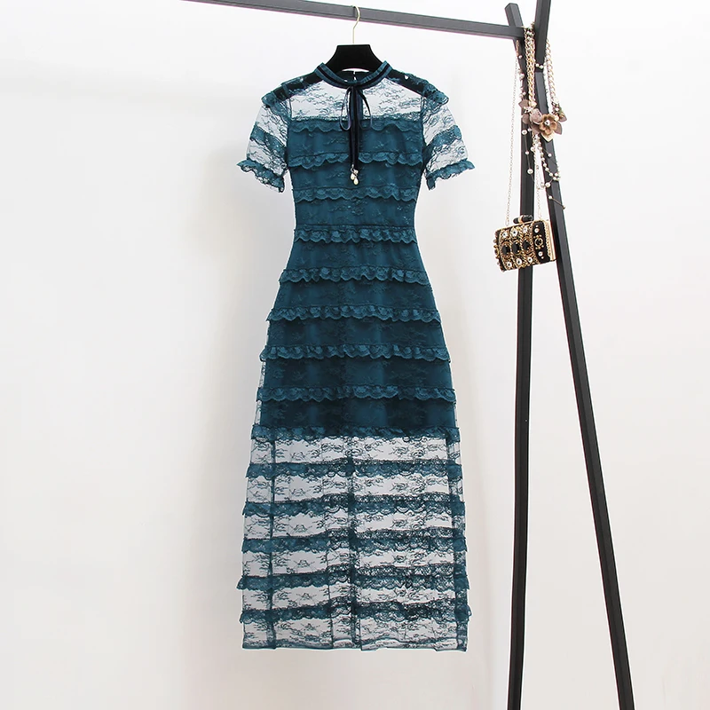 

2019 Summer Women Lace Blue Dress Ruffles Cake Bow Mesh Floral Embroidery Dress Sexy Vestidos Short Sleeve Long Party Dresses