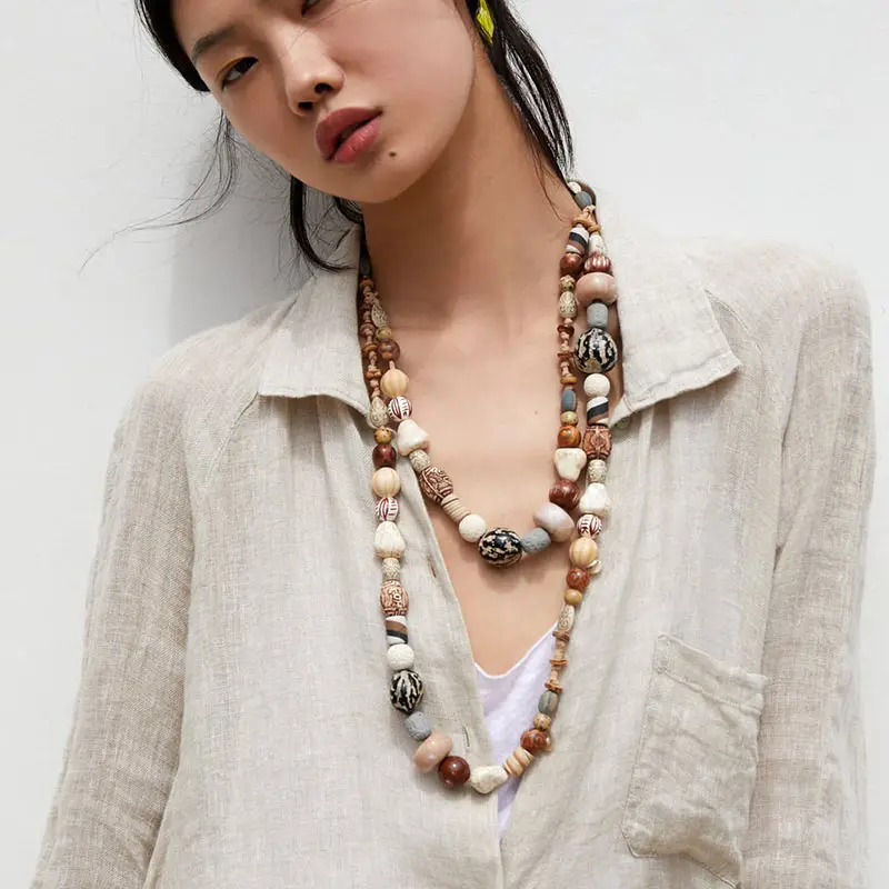 

Flatfoosie Trendy New ZA Bohemian Wooden Beads Layer Chain Necklace Jewelry Women Ethnic Statement Necklace Chokers Accessories