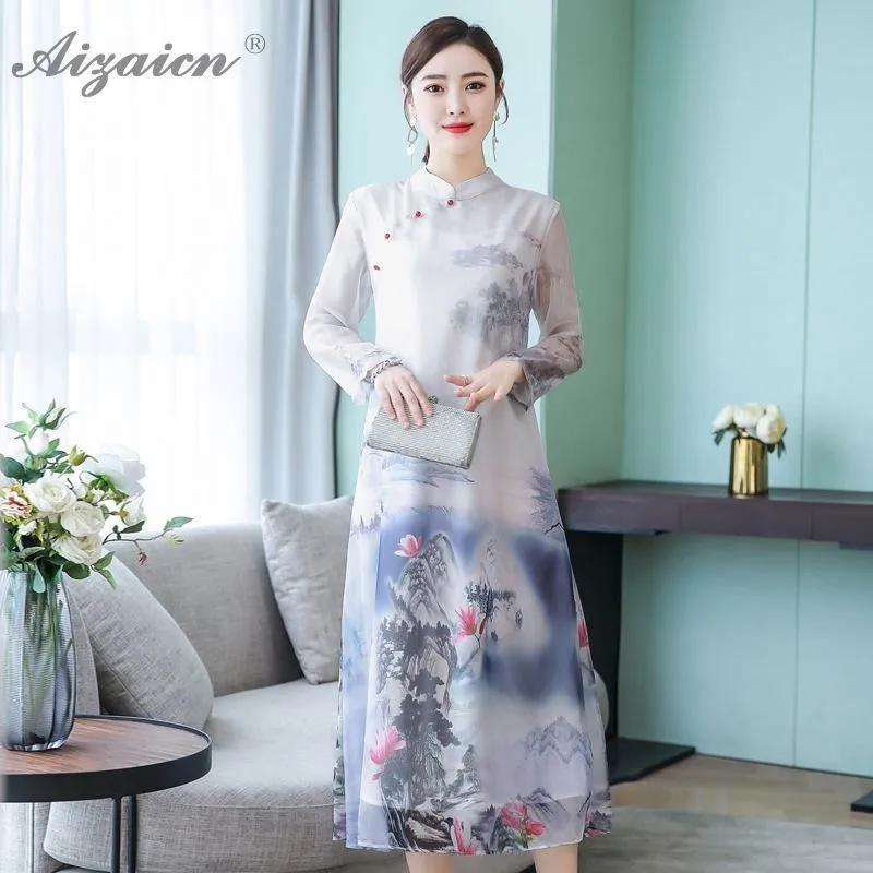 

Silk Cheongsam China Ink Color Picture Folk-custom Dressing Women Traditional Chinese Dress Qipao Casual Loose Long Qi Pao