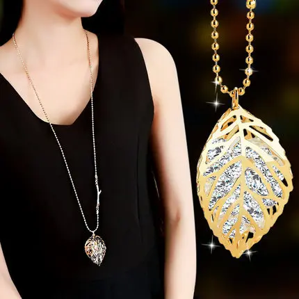 

New Long Chain Crystal Hollow Leaf Necklaces for Women Sweater Chain Autumn-Winter Necklace Female Korean Accessories