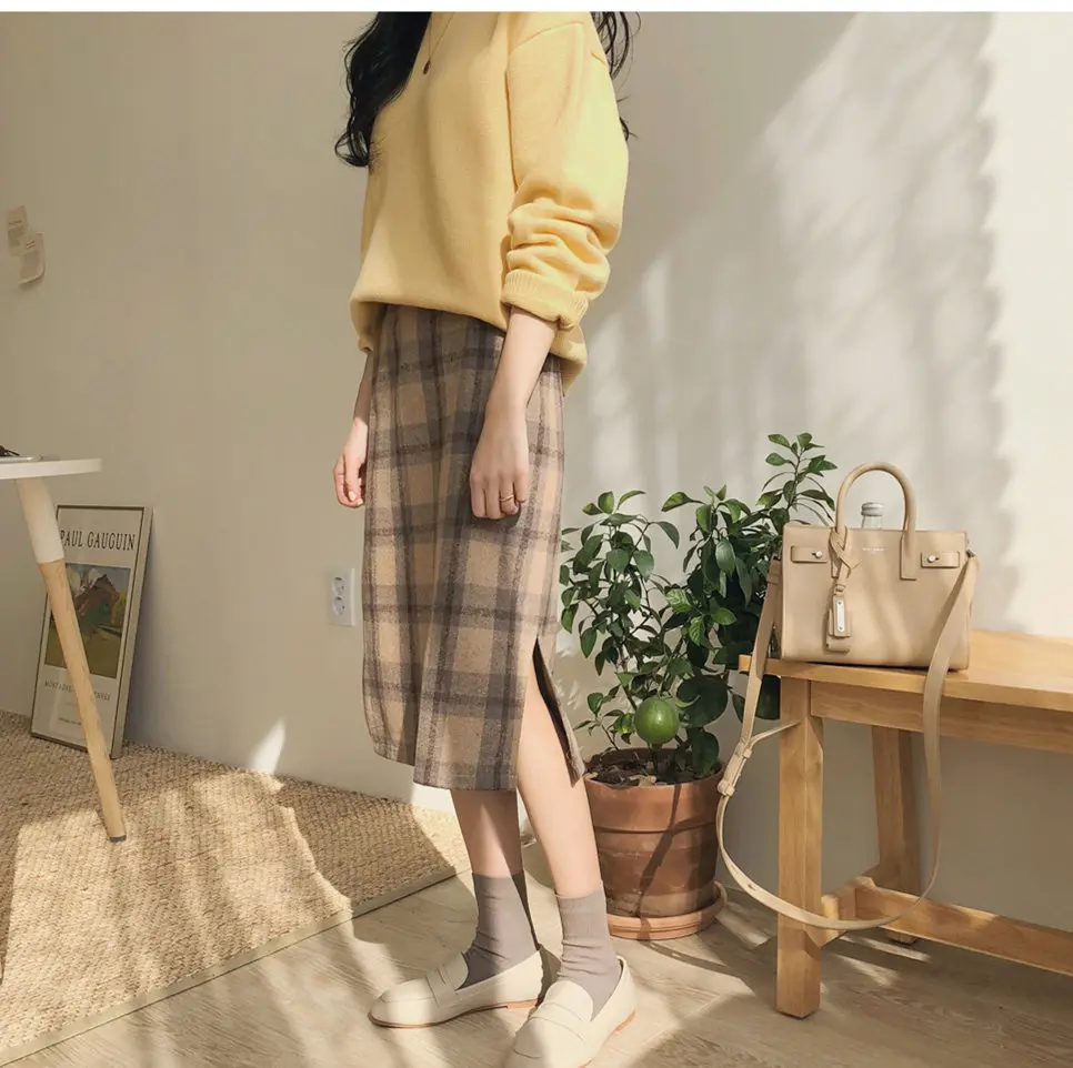 

Vintage plaid Women Skirts Autumn Plus Size Pencil Long Girls Skirt Female Vintage Warm Thick Skirts Winter Femme Faldas Muje