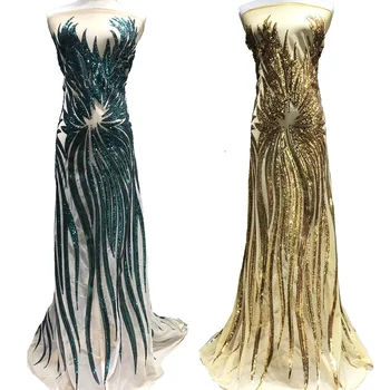 

African french lace fabric with sequins high quality green golden sequin lace fabrics nigerian laces fabric for party decoration