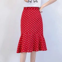 Летняя женская юбка-карандаш в горошек до середины икры с оборками в стиле ампир Харадзюку, повседневные милые юбки-карандаш с высокой талией для офисных леди