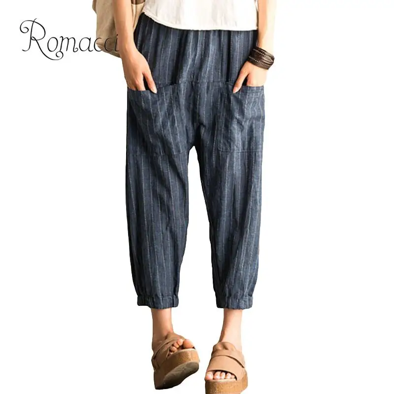 Romacci 5XL размера плюс льняные брюки Модные женские полосатые до щиколотки шаровары