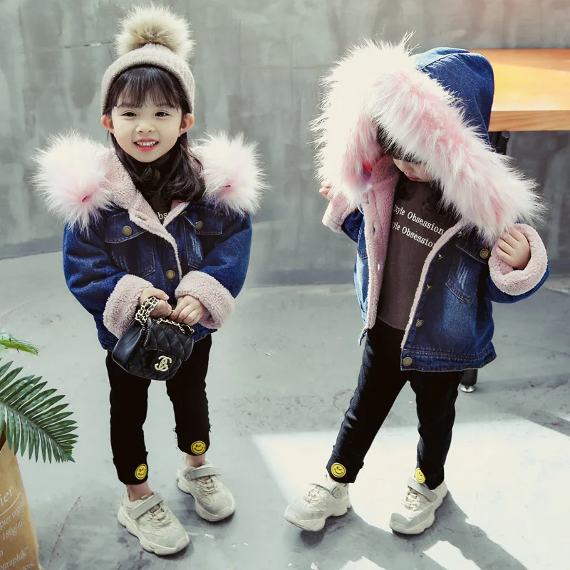 

Children Plus Velvet Thickening Super Large Fur Collar Comfortable Breathable Denim Jacket Winter Girl Cute Trend Jacket