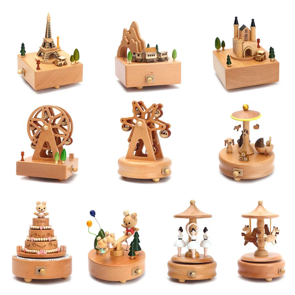 

Birthday Gift Creative Wooden Hand Clockwork Music Boxes Crafts Carousel Home Decorations Ornaments Christmas Gifts for Children