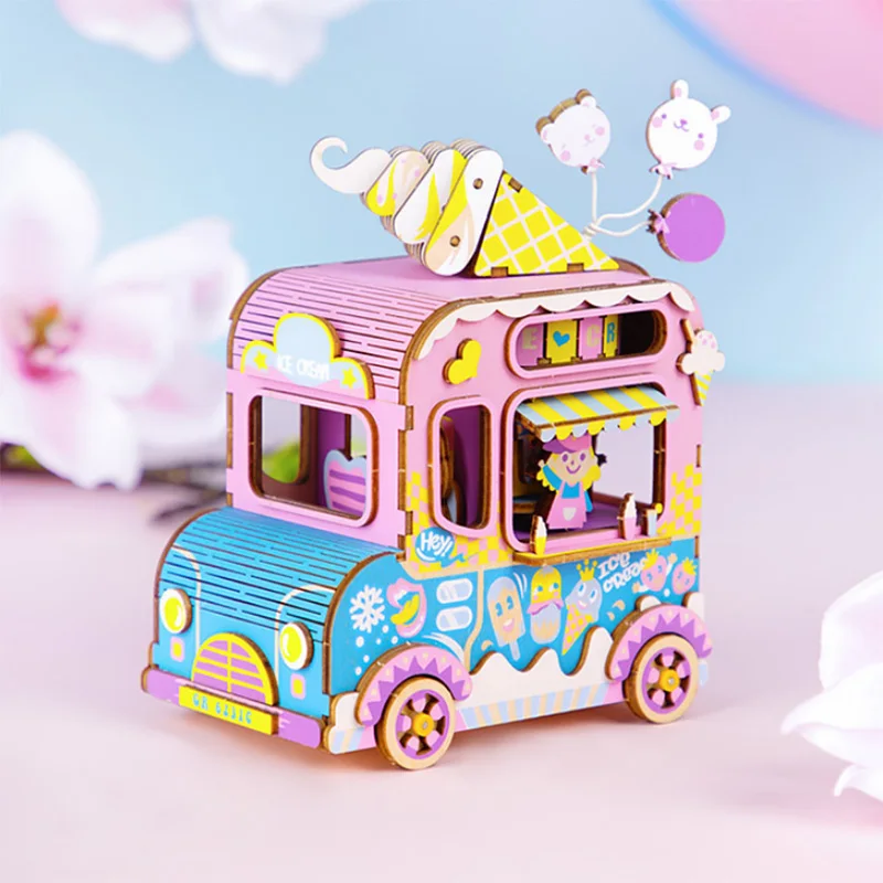 

Robotime 3D Wooden Music Box Puzzle Toy Handmade Cartoon Pink Ice Cream Car Model Building Kits Romantic Gift Toys For Girls