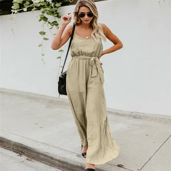 

Ladies summer suspender wide-leg jumpsuit sleeveless slacks waist band design summer cool comfortable beach breezy pants