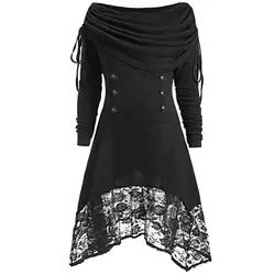 Для женщин толстовки Готический повседневное уличная одежда большого размера 4XL тонкий пуловер плотная Лоскутная кружево женский черный